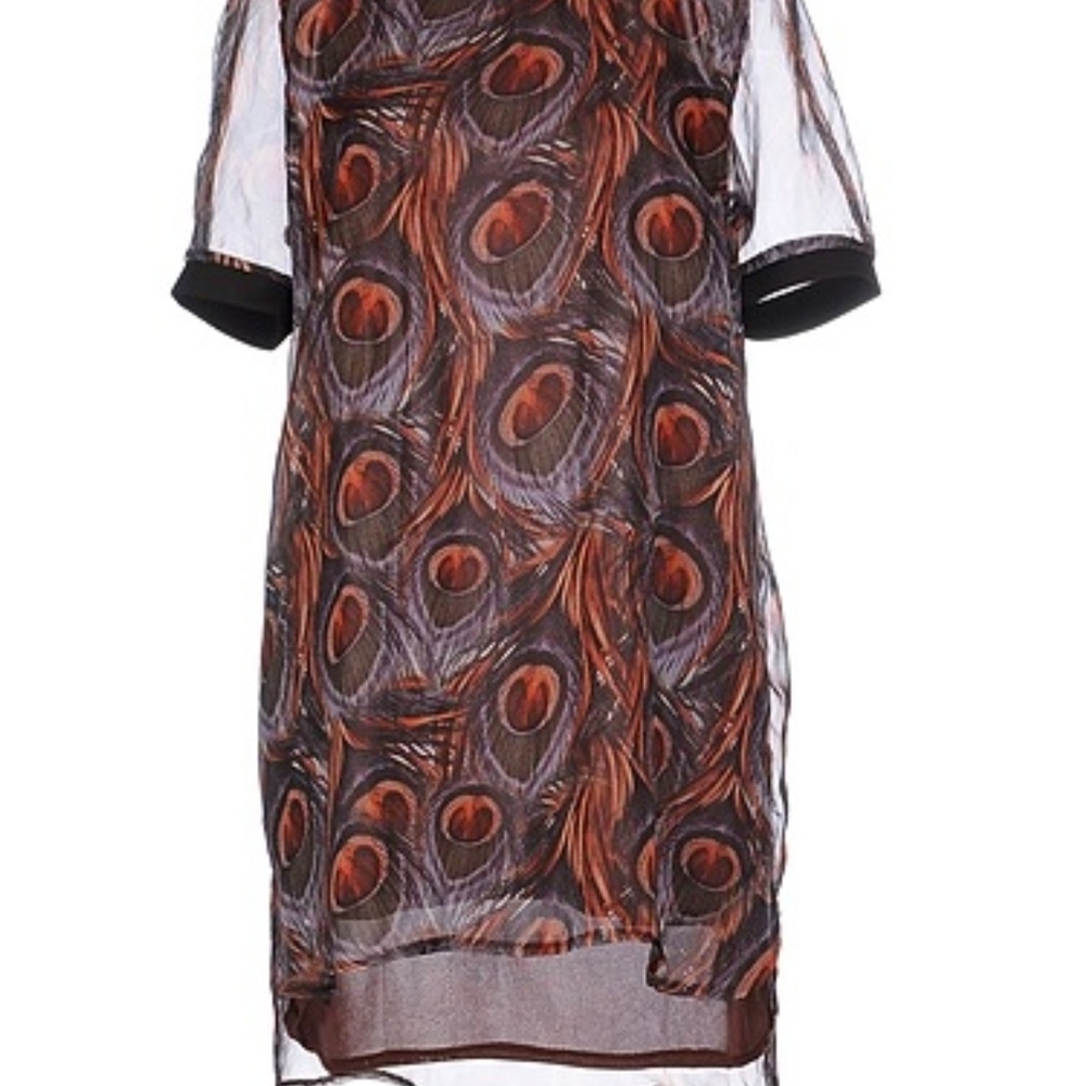 Peacock-Print Sheer Mini Dress in Brown